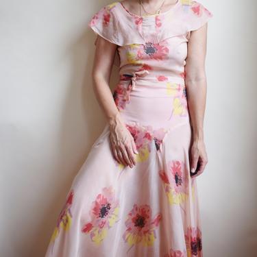 1930s Poppy Print Gown | Vintage 1930s Silky Celanese Gown | Pink with Floral Design | Bias Skirt | Capelet | XS/S 