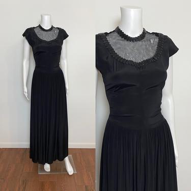 Vintage 1940s Dress 40s Black Gown Femme Fatale Size XS Mesh Sequined Neckline 