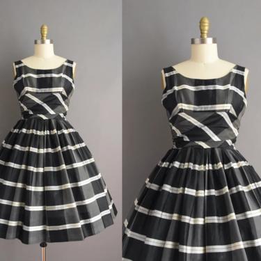 vintage 1950s dress | Black & White Plaid Print Silk Full Skirt Holiday Party Dress | Small | 50s vintage dress 