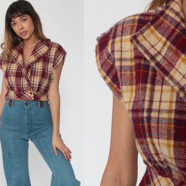 Plaid Shirt 70s Crop Top Burgundy Acrylic Knit Cropped Shirt Checkered Blouse Preppy Button Up 1970s Cap Sleeve Cream Small 