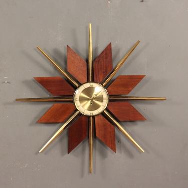 Mid Century Teak &amp; Brass Snowflake Clock