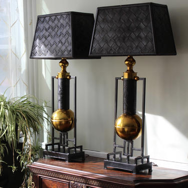 Gold and Black Asian MidCentury Style Tall Lamps with Bamboo Shades 