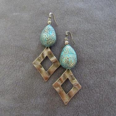 Large patinated hammered brass earrings, bohemian boho patina earrings, ethnic statement earrings, bold teal earrings, ethnic earrings 