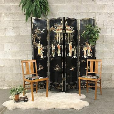 LOCAL PICKUP ONLY Vintage Room Divider Retro 1950s Black Lacquered Oriental 4 Panel Screen with Hand Painted Japanese Art and Raised Design 