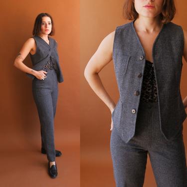 Vintage 90s Charcoal Pant Suit/ 1990s Vest and High Waisted Trousers/ Size XS Small 