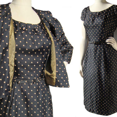 Vintage 50s Dress &amp; Bolero Jacket Set Polka Dot Silk M / L 