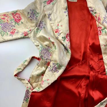 1940'S Dressing Gown - Quilted Satin Jacquard Floral Print - Lounge Robe - Wrap Around Waist with Sash - Red Satin Lining - Size Medium 