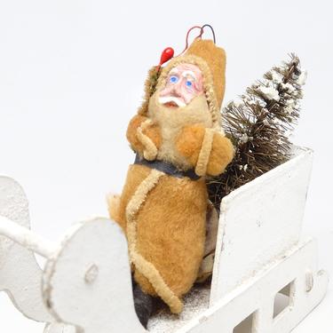 Antique 1940's Santa in Sleigh with Sisal Christmas Tree, Hand Painted Clay Face Santa, Vintage Retro Decor 