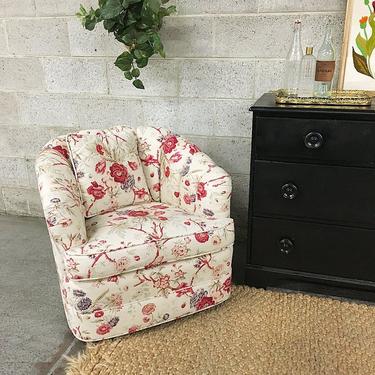 LOCAL PICKUP ONLY Vintage Lounge Chair Retro 1980s Barrel Back Swivel Farmhouse Style Chair With Floral Print + Matching Pillow Living Room 