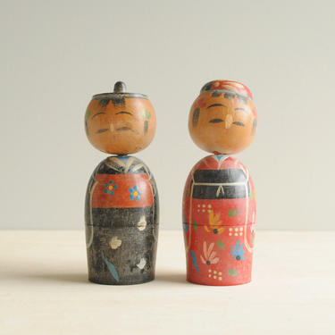 Vintage Japanese Kokeshi Dolls, Bobble Head Japanese Dolls, Kokeshi Doll Boxes 