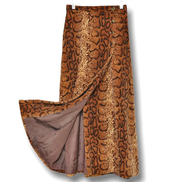 Vintage Velvet Snakeskin Print Long Wrap Skirt with Side Buttons Size M Beige Brown Neutrals 