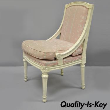 French Louis XVI Style White Painted Boudoir Side Accent Chair Carved Wood