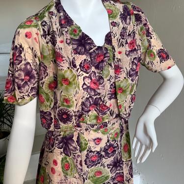 Lovely 1940s Rayon Floral Purple and Green  Dress and Jacket Set 33 Bust Vintage 