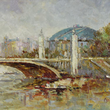 1960’s Impressionist Oil Painting Cityscape w Domed Building River Bridge sgnd Morgan 