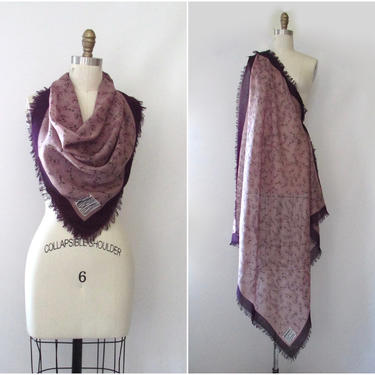 BILL BLASS Vintage 70s Large 40x40 Scarf | 1970s Plum Semi Sheer Wool Floral Headscarf with Fringe | 80s 1980s Designer Accessory Neck Scarf 