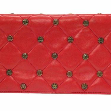 Vintage Chanel CC Gold STUDDED Logo Red Quilted Leather Flap Clutch Bag - RARE! 