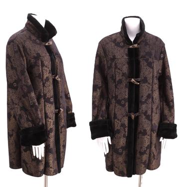 90s Dennis Basso faux fur suede winter coat M  / vintage 1990s black paisley print fake fur shearling warm coat 