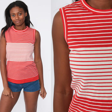 70s Tank Top Striped Shirt Tee Knit Mod Shirt Retro Top Sleeveless Bohemian 1970s Vintage Red White Small 