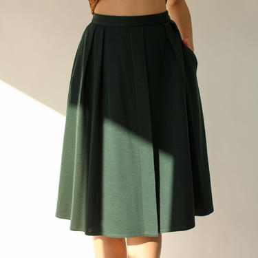 Vintage 80s Jaeger Hunter Green Wool Jersey Pleated Mini Swing Skirt  | Made in Great Britain | 100% Wool | 1980s Designer High Waist Skirt 
