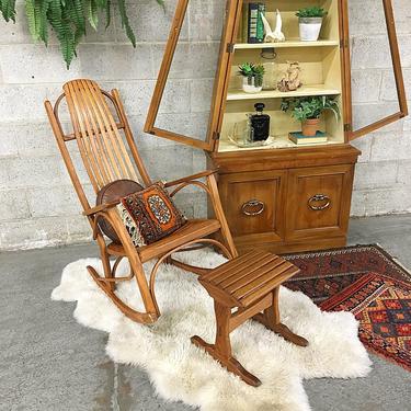 LOCAL PICKUP ONLY Vintage Rocking Chair Retro 1960s Brown Wood Rocking Chair Mid Century Modern Style + Multi Bar Back + Matching Foot Rest 