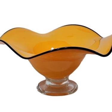 Art Glass Compote Bowl - Large Handblown Centerpiece Glass in Orange - Home Decor 
