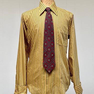 Vintage 1970s Men's Van Heusen Dress Shirt, 70s Mustard and Green Striped Long Sleeve French Cuffs, Large 16 Neck 35 Sleeve 
