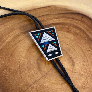STAINED GLASS Zuni Inlay Sterling Silver Bolo Tie | Jet, MOP, Coral, Turquoise, Leather | Native American Southwestern Jewelry 