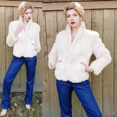 1980s White Rabbit Fur Jacket  / 80 Short Jacket Shaggy Fuzzy Large Fold Down Cream Ivory Fur Collar Shoulder Pads / M / Shauna 