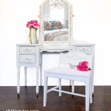 White Vanity With Bench and Mirror | Vintage Vanity Dressing Table | Makeup Vanity Table | Vanity with Stool and Mirror | White Vanity Desk 