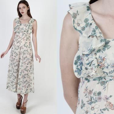 70s Pinafore Apron Dress / Ivory Floral Rustic Country Dress / Open Side Back Tie Sash / Womens Long Folk Prairie Maxi Dress 