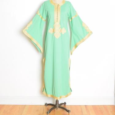 vintage 70s dress mint green metallic gold embroidered hippie boho bell sleeve caftan maxi M 