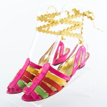 Vintage 1980s Sandals | 80s Strappy Leather Suede Rainbow Peep Toe Lace Up Shoes (US 10) 