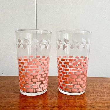 Set of 2- Vintage Federal Glass Pink and White Basket Weave and Vines Cocktail Water Glasses 