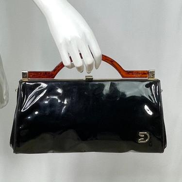 Vintage 1970s Black Faux Patent Leather Top Handle Purse 