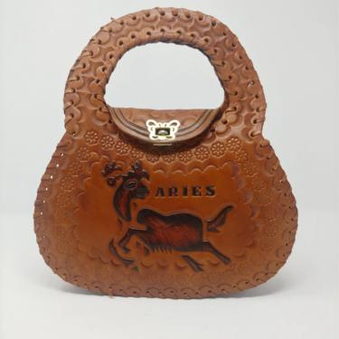 Vintage Seventies Tooled Leather Aries Zodiac Purse - 70s Brown Leather Boho Hippie Astrology Purse - *As Is* 
