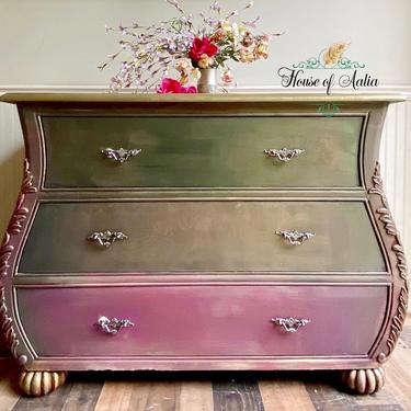 Green Gold Fuschia French Provincial Bombe Chest or Dresser. Vintage Chest. Entryway Accent Table. Boho, Eclectic, French Country Bedroom. 