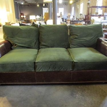 CENTURY SOFA AND OTTOMAN IN DARK BROWN LEATHER AND FOREST GREEN VELVET WITH NAILHEAD TRIM