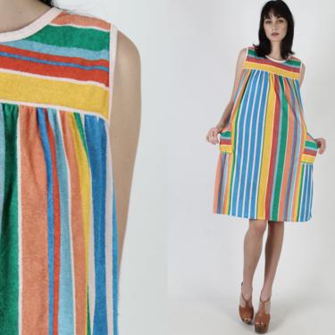 Womens Terry Cloth Beach Dress / 70s Rainbow Striped Dress / Pool Lounge Shift Pockets Dress / Vacation Cover Up Resort Wear Mini Dress 