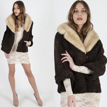 Vintage 70s Brown Lamb Fur Coat Blonde Real Mink Fur Collar Coat Beige Curly Shaggy Sheep Fur Jacket Satin Lined Cropped Jacket 