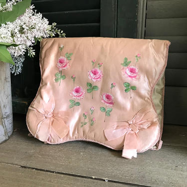 French Silk Lingerie Travel Case, Boudoir Folder, Hand Painted Pink Roses, French Trousseau 
