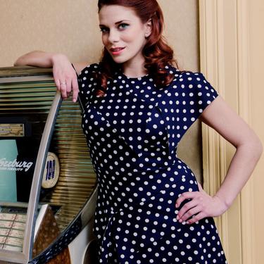Eleanor 1940's pinup vintage style dress in navy/white polka dot pique 