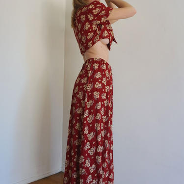 1990s Peter Pan Collar Reworked Skirt Set in Red and Cream Floral sz S M Button Up Maxi Skirt Dress 90s Ditsy 