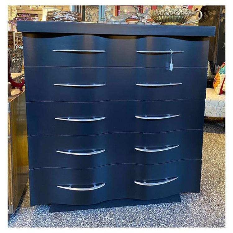 Kent Coffey’ Mid century modern “the parkdale” tall chest / black painted / 5 full drawer/ fab over the top handles 