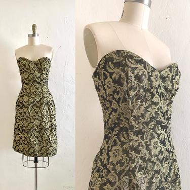 vintage 90's floral brocade fitted strapless dress 