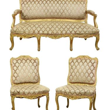 Antique Parlor Suite, Sofa and 2 Armchairs, French Parcel Gilt Carved Set of 3!