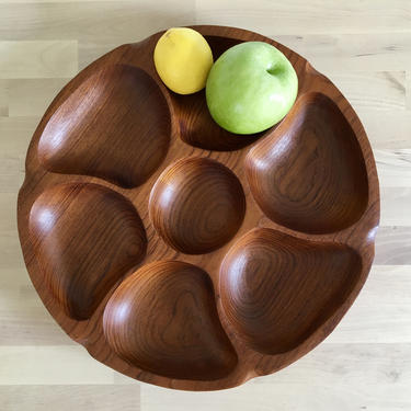 Vintage Teak Appetizer Serving Tray - 1970s - Large, Chip and Dip platter, Serving Dish, Mid Century Modern Design, Retro Style, Solid Wood 