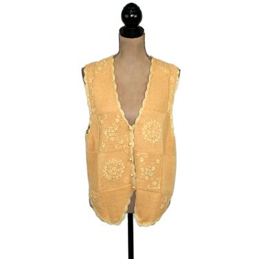 Yellow Sweater Vest, Cotton Knit V Neck Button Up, Beaded Embroidered Waistcoat, 90s Y2K Clothes Women, Vintage Clothing from Carolyn Taylor 