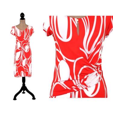 Jersey Knit Mod Dress Small, Orange White Abstract Print Midi Dress, Short Sleeve Keyhole Ruched Fitted Waist, 90s Y2K Vintage Clothes Women 