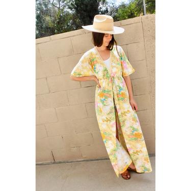 Sunny Day Slip Dress // vintage 60s 70s mod high waist nightgown floral white duster swimsuit cover beach boho hippie sun hippy maxi // S/M 