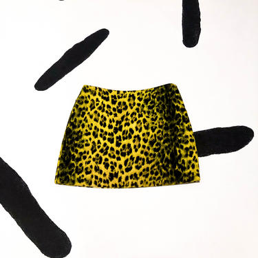 90s Moschino Yellow Cheetah Print Velour Mini Skirt / Chartreuse / Leopard / 26 Waist / Micro Mini / The Nanny / Clueless / Party Girl / 